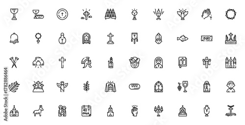 Holy Week icon set. Vector illustration pack. Includs symbols for Jesus, cross bible, prayer, church, reurrection, communion, cande, angel and more. Editabl stroke.