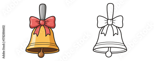 Cute school bell cartoon drawing with golden yellow color and red ribbon bow outline for coloring book