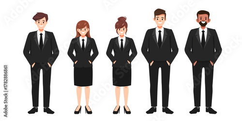 Group of business people teamwork in black suit. Premium vector design.