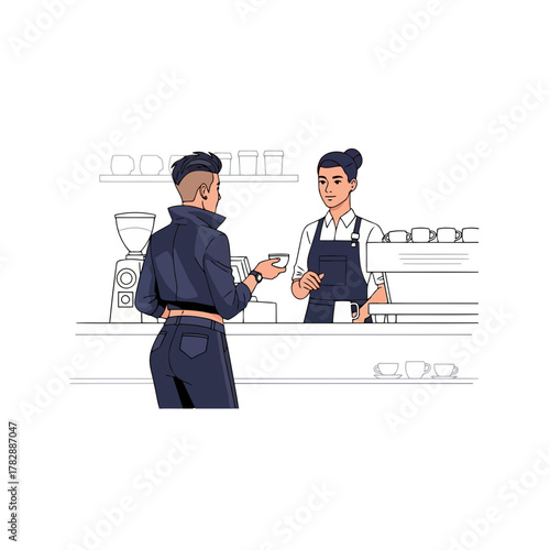 Vector illustration barista serving coffee to customer at cafe counter