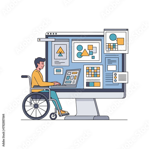 Vector illustration person with disability working on computer inclusive design accessibility
