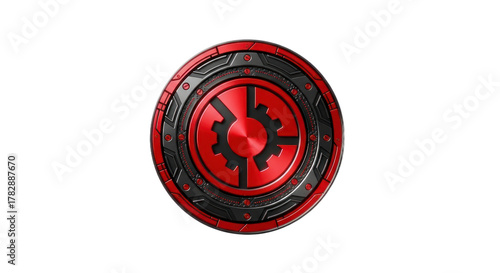 Metallic red and black cogwheel emblem on a transparent background for design
