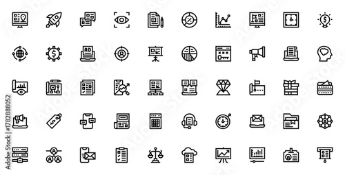 Marketing icon set. Vector illustration. Includes sybols for location, rocket,conversation, analysis, chrt, strategy, advertising,email, team management, prsentation and more. Editabe stroke.