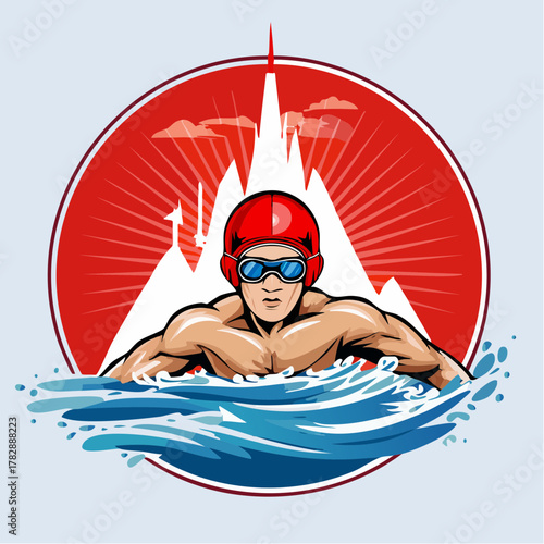 A swimmer wearing a red cap and goggles emerges from blue water with a stylized mountain range and rocket in the background.