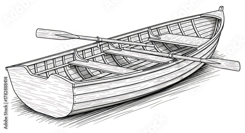 Wooden rowboat illustration with oars isolated on white background
