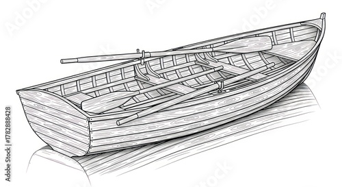 Wooden rowboat illustration with oars depicted on white background
