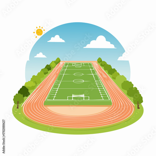 Illustration of a sports field with a running track and soccer field.