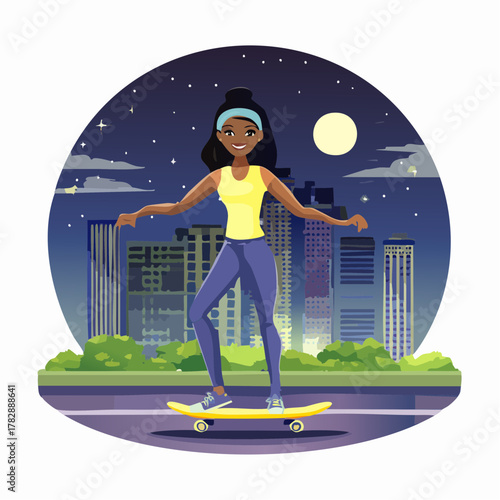 A young Black woman skateboarding at night in a city park with a skyline background and a full moon.