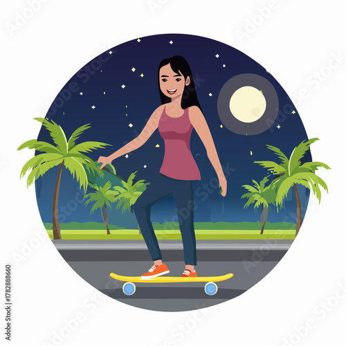 A young woman with dark hair rides a skateboard down a paved path lined with palm trees under a starry night sky with a full moon.