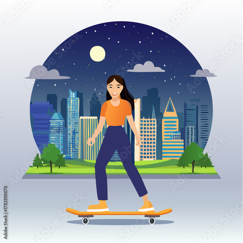 Young woman skateboarding in a city park at night under a full moon and starry sky with urban skyline in background.