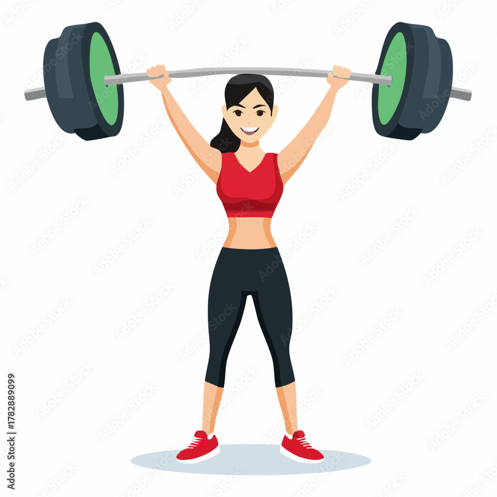 Obraz premium A fit woman in athletic wear is lifting a heavy barbell overhead with a determined expression.