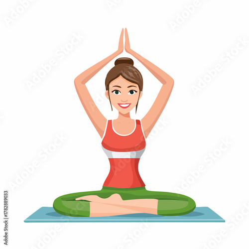 A smiling woman with brown hair practices yoga in a lotus position on a blue mat, wearing a red and green outfit, with hands pressed together above her head.