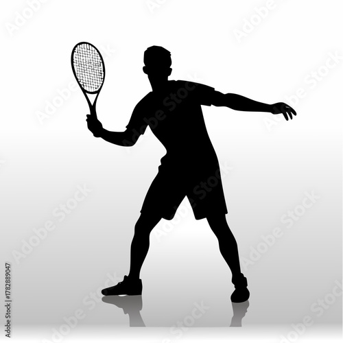 Black silhouette of a male tennis player holding a racket in a ready stance on a white background.