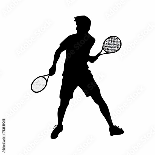 Silhouette of a male tennis player in action, holding two rackets and preparing to hit a ball.