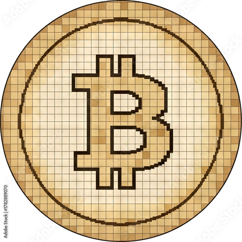 Retro Bitcoin Coin With Grid Pattern Texture Isolated On White Background Representing Digital Currency And Blockchain Technology