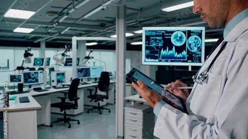 Wallpaper Mural In this informative video, a doctor reviews patient data on a tablet in a high-tech medical lab. The advanced technology and attentive approach emphasize the future of healthcare diagnostics. Torontodigital.ca