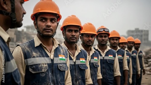 Dedicated Indian male construction workers in safety gear and national flag patches standing in formation at a challenging outdoor work environment