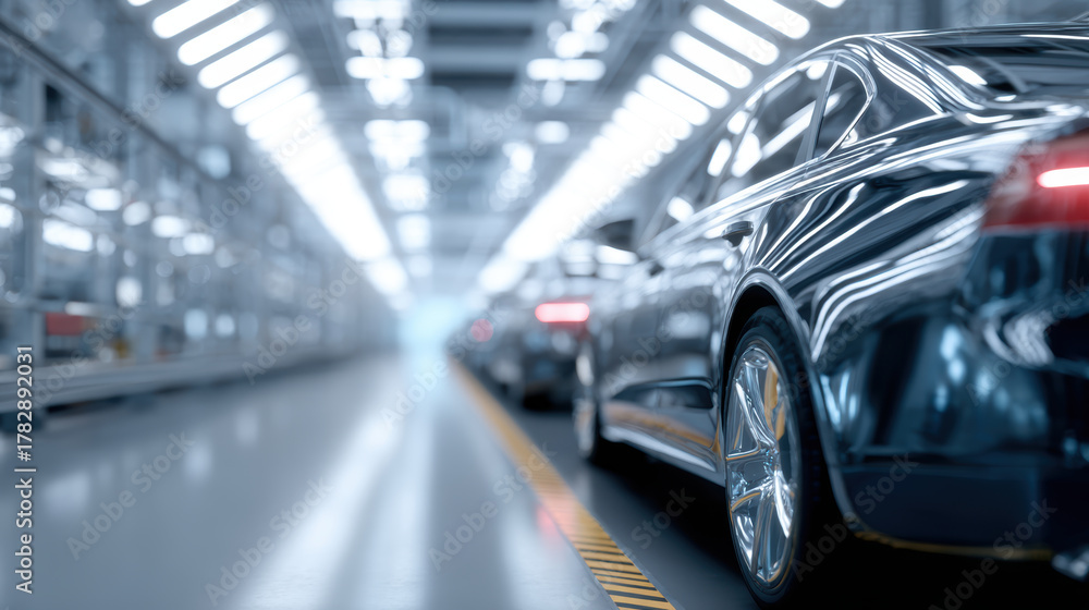 Fototapeta premium Car manufacturing plant with robotic arms, high fidelity, shiny black sedan, assembly line, technology