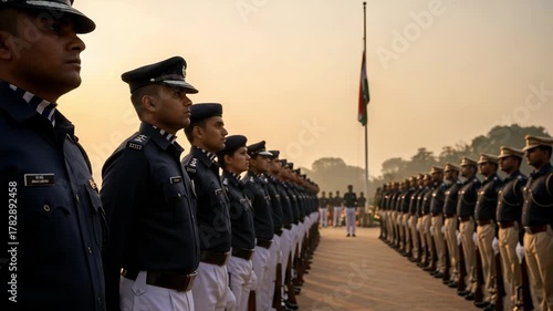 Indian police officers in uniform standing in a disciplined formation during a patriotic ceremony with the national flag at sunrise.