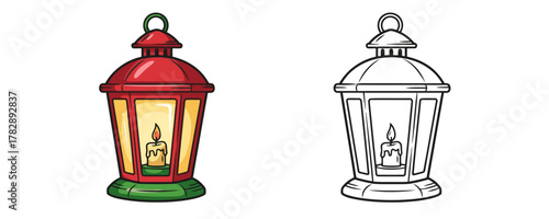 Decorative red and green holiday lantern with lit candle inside drawing and outline for christmas coloring book