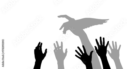 Hands casting shadow of a bird flying free.