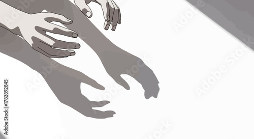 Dramatic shadows of two hands and arms interacting on a white surface.