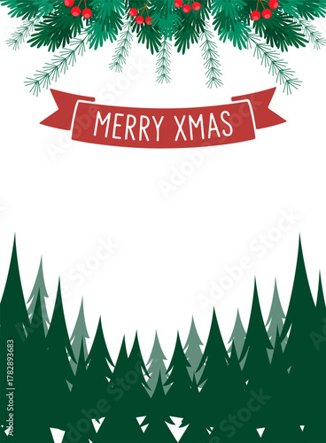A festive Christmas background with fir branches, red berries, a "Merry Xmas" banner, and green pine tree silhouettes.