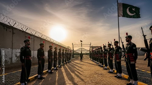 Pakistani soldiers in uniform stand in formation at sunset, guarding a border wall with the national flag flying proudly in the sky
