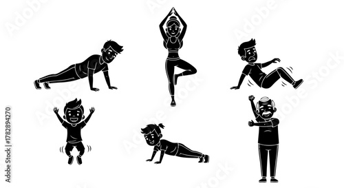 Black Silhouette Illustration Set of People Doing Exercise With Yoga Jumping Stretching and Pushups in Different Ages From Young Children To Elder Person Vector
