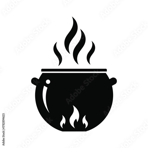Black cauldron with fire flames vector illustration simple outline design