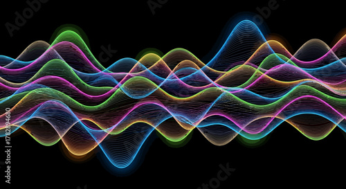 Colorful sound waves visual representation of audio frequencies on black background.