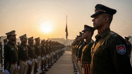 Indian police officers in uniform standing in formation during a sunrise ceremony, showcasing discipline and national pride.