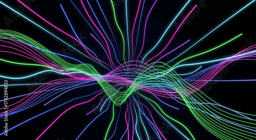 Abstract neon lines radiate from a central point creating a vibrant visual display.