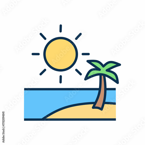 Tropical Beach Paradise Icon with Palm Tree and Sun Illustration