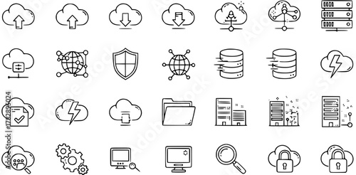 Set of Outline Vector Icons Related to Cloud Technology, Cybersecurity, Data Science and Digital Storage