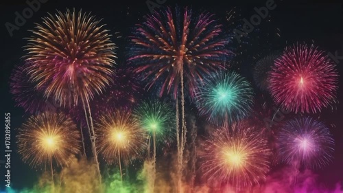 A spectacular and very colorful fireworks display in the dark night sky. Fireworks explode in various shapes and sizes.