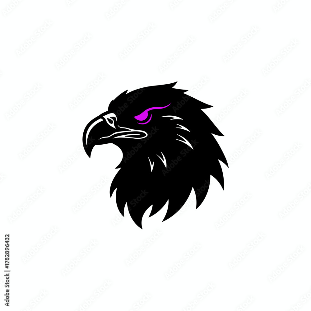 Obraz premium Minimalist Silhouette Eagle Head Mascot with Glowing Purple Eye Graphic Illustration