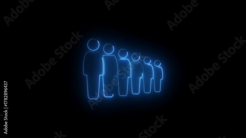 Neon blue outline figures in a line against a black background people