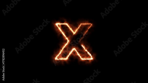 Glowing orange letter X outlined in fire and smoke against a black background alphabet flame