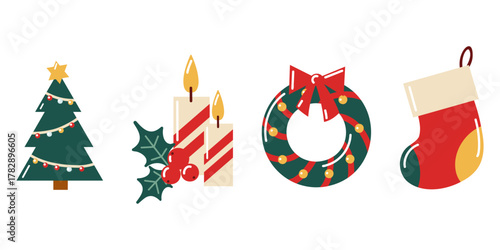 Hand drawn flat Christmas decoration set with tree, candles, wreath and stocking. Vector isolated illustration. 