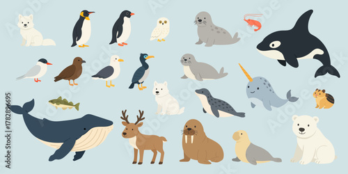 Collection of Arctic and Antarctic animals in cute flat style, featuring fox, wolf, bear, penguin, seal, whale, walrus, narwhal, tern, owl, and more polar species symbolizing cold harmony of nature.