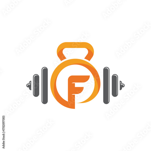 a kettlebell icon with a combination of the letter F for a fitness logo