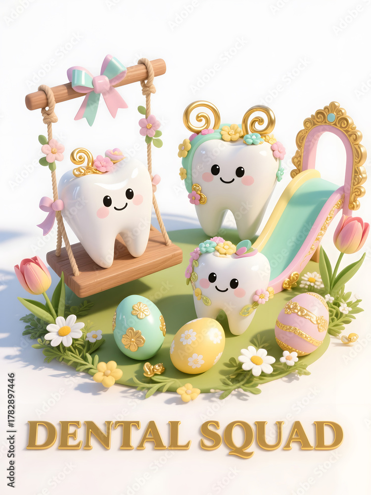 Fototapeta premium Easter teeth characters on swing and slide with pastel eggs and spring flowers on white background