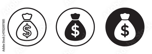 Money bag icon set- outline, silhouette style. Dollar sack icons. Dollar on pouch vector illustration perfect for finance, banking, deposit, capital, revenue and economy concept symbols( Isolated) 