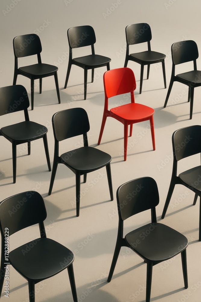 Obraz premium Row of minimalist chairs with a single bold red seat among neutrals a clear visual metaphor for diversity inclusion and standout talent in corporate culture