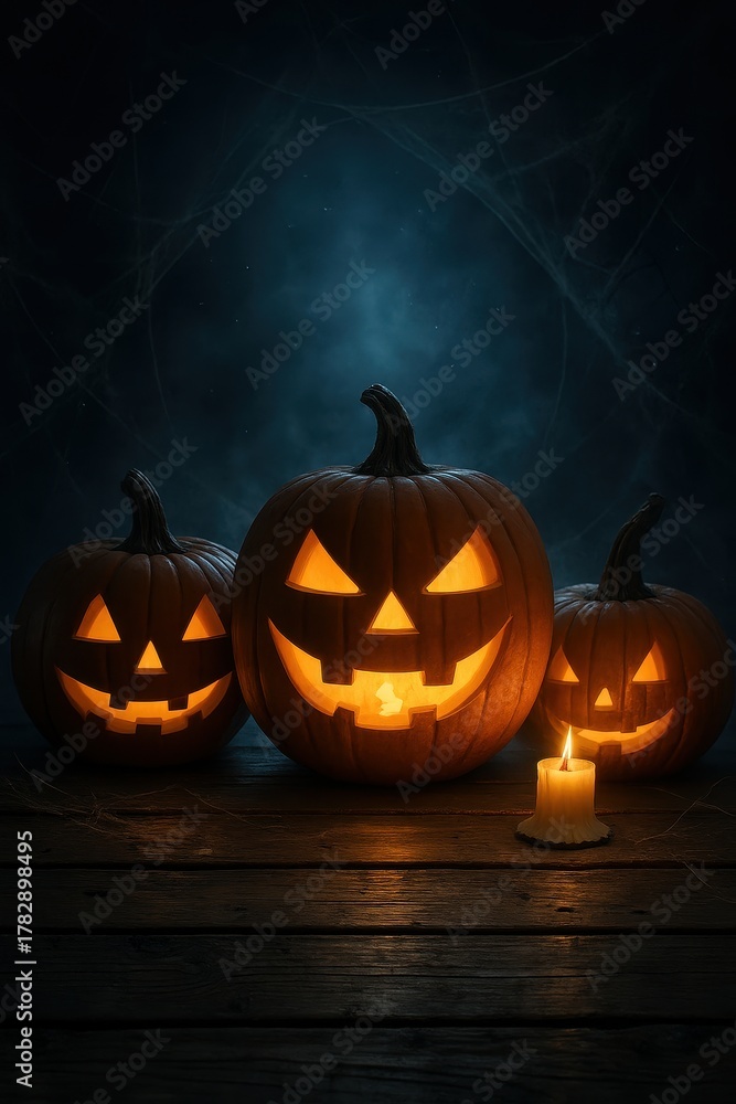 Obraz premium Spooky Halloween tabletop with pumpkins candles and cobweb drift over empty wooden boards moody blue fog and moonlight a perfect seasonal product backdrop
