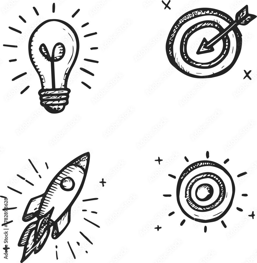 Fototapeta premium Light bulb, target, rocket, and bullseye sketch hand drawn icons — stock vector