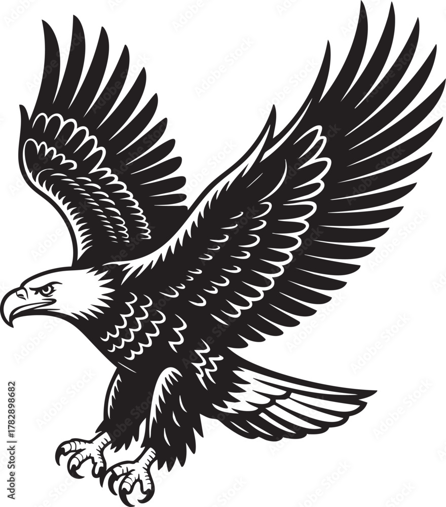Fototapeta premium A detailed black and white illustration of a bald eagle in mid-flight, its powerful wings fully extended, showcasing its sharp talons and keen gaze.