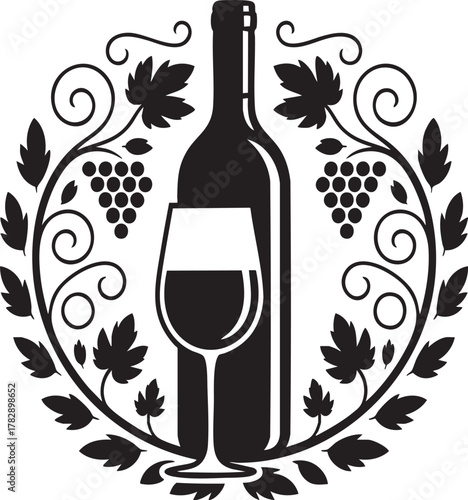 A stylized black and white illustration featuring a wine bottle and glass within a decorative circular grapevine motif.