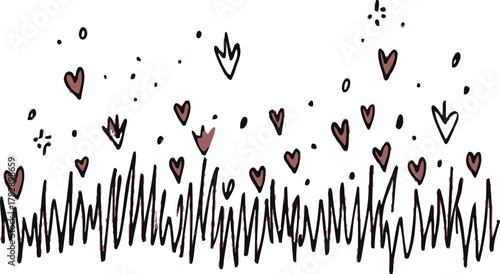 Heart doodle, hand drawn sketch with floating hearts and grass, romantic illustration — stock vector